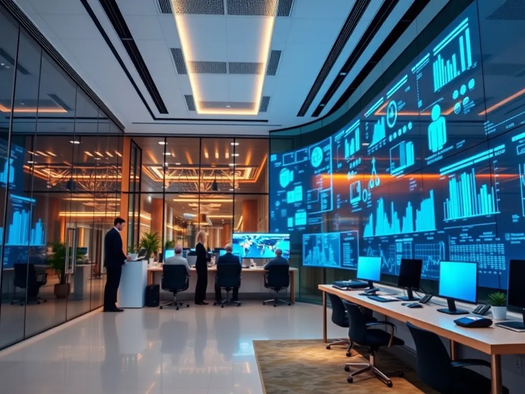 Digital transformation in family businesses, advanced technology integration, Saudi business landscape, digital screens and modern office setting Digital transformation in family businesses, advanced technology integration, Saudi business landscape, digital screens and modern office setting