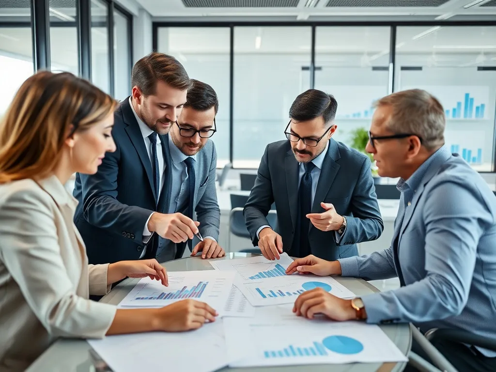 Business professionals analyzing financial strategy graphs and charts, teamwork, modern office setting, collaborative effort, diverse group Business professionals analyzing financial strategy graphs and charts, teamwork, modern office setting, collaborative effort, diverse group