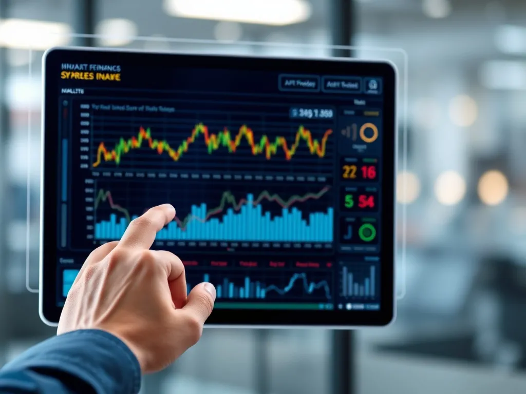 Digital platform with financial data analytics on screen, person interacting with touch interface, smart technology in finance, innovative approach Digital platform with financial data analytics on screen, person interacting with touch interface, smart technology in finance, innovative approach