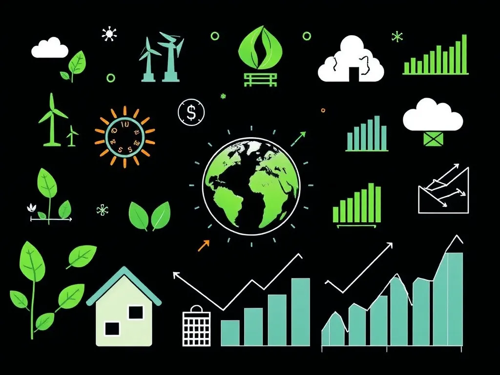 Environmental and economic sustainability concepts with green energy icons and financial performance graphs, integration of sustainable finance Environmental and economic sustainability concepts with green energy icons and financial performance graphs, integration of sustainable finance