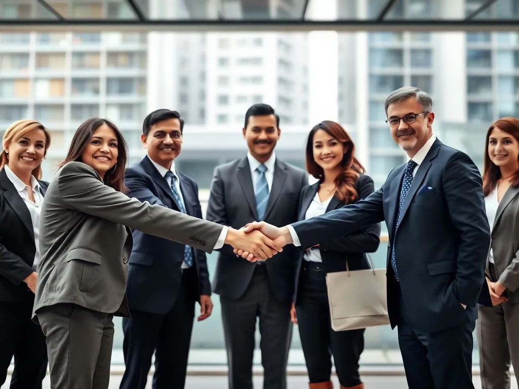 Public-private partnership agreement, diverse group of professionals in business attire shaking hands, modern urban backdrop, emphasis on collaboration Public-private partnership agreement, diverse group of professionals in business attire shaking hands, modern urban backdrop, emphasis on collaboration