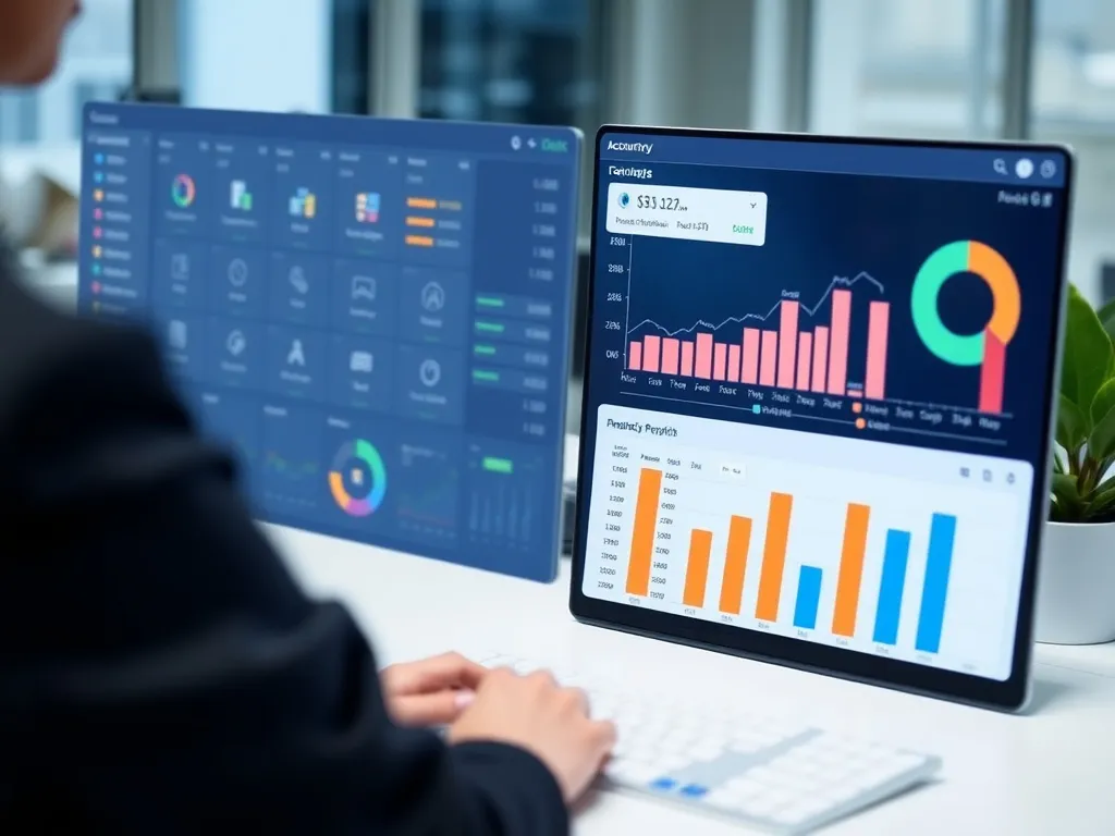 Professional accounting software interface showing data entry and financial reporting tools, with focus on accuracy and transparency