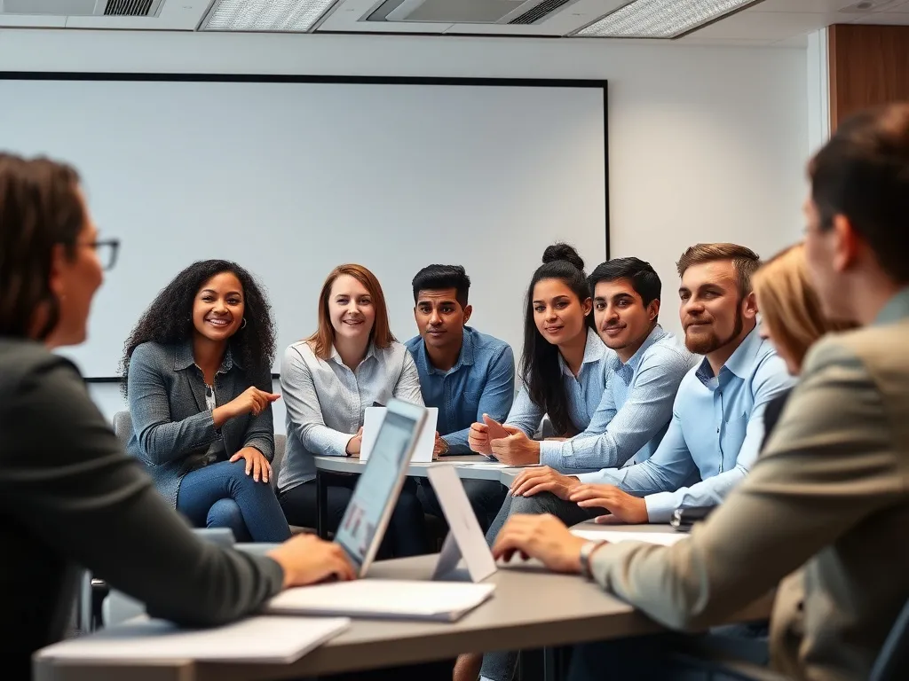 Interactive training session with diverse group of professionals learning digital marketing skills and leadership development