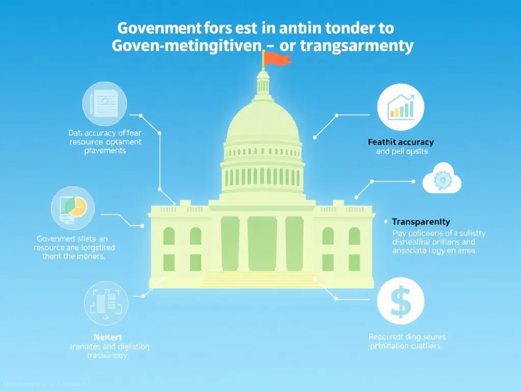 Illustration of digital transformation benefits in government financial management, focusing on data accuracy, resource optimization, and transparency, high-resolution, clear, professional