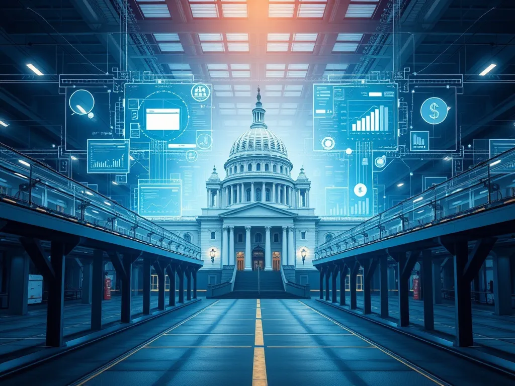 Successful implementation of digital transformation in government accounting, showcasing integrated systems and improved financial tracking, high-quality, realistic, modern infrastructure