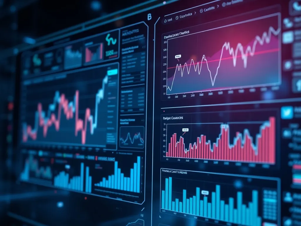 AI-driven data analytics on transparent digital screens, showing complex financial graphs, seamless integration of diverse business data, glowing futuristic interface AI-driven data analytics on transparent digital screens, showing complex financial graphs, seamless integration of diverse business data, glowing futuristic interface