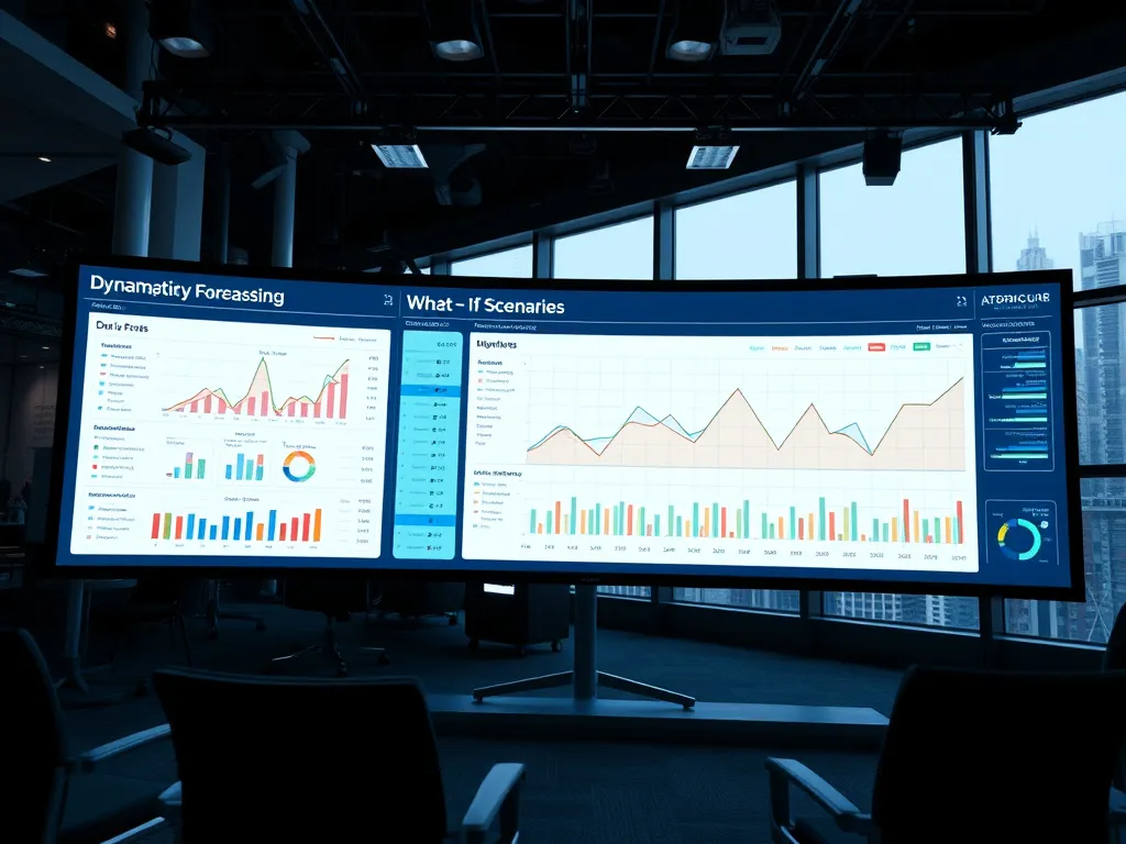 High-tech financial forecasting system displaying dynamic what-if scenarios on a large screen, professional lighting, strategic planning with AI High-tech financial forecasting system displaying dynamic what-if scenarios on a large screen, professional lighting, strategic planning with AI
