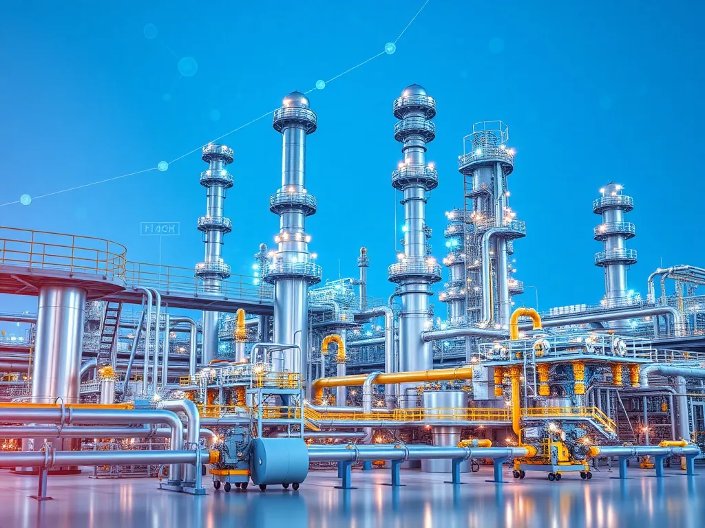 Modern petrochemical plant with digital analytics overlay, AI-driven operational efficiency, predicting maintenance schedules and cost analysis Modern petrochemical plant with digital analytics overlay, AI-driven operational efficiency, predicting maintenance schedules and cost analysis