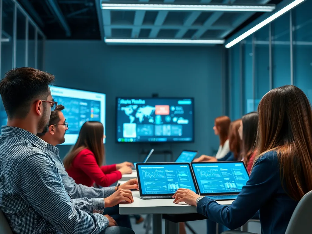 Professional training session for employees using AI tools, diverse group of employees learning with digital presentations, high-tech corporate environment Professional training session for employees using AI tools, diverse group of employees learning with digital presentations, high-tech corporate environment