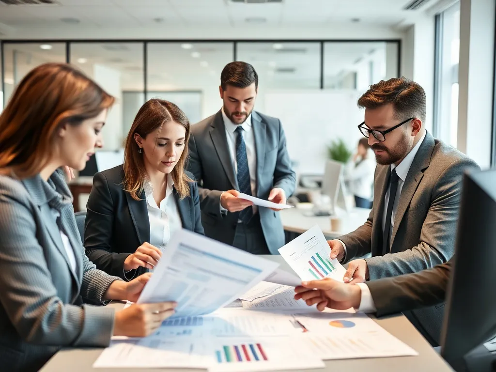 Business professionals analyzing financial reports, diverse team, detailed, office environment