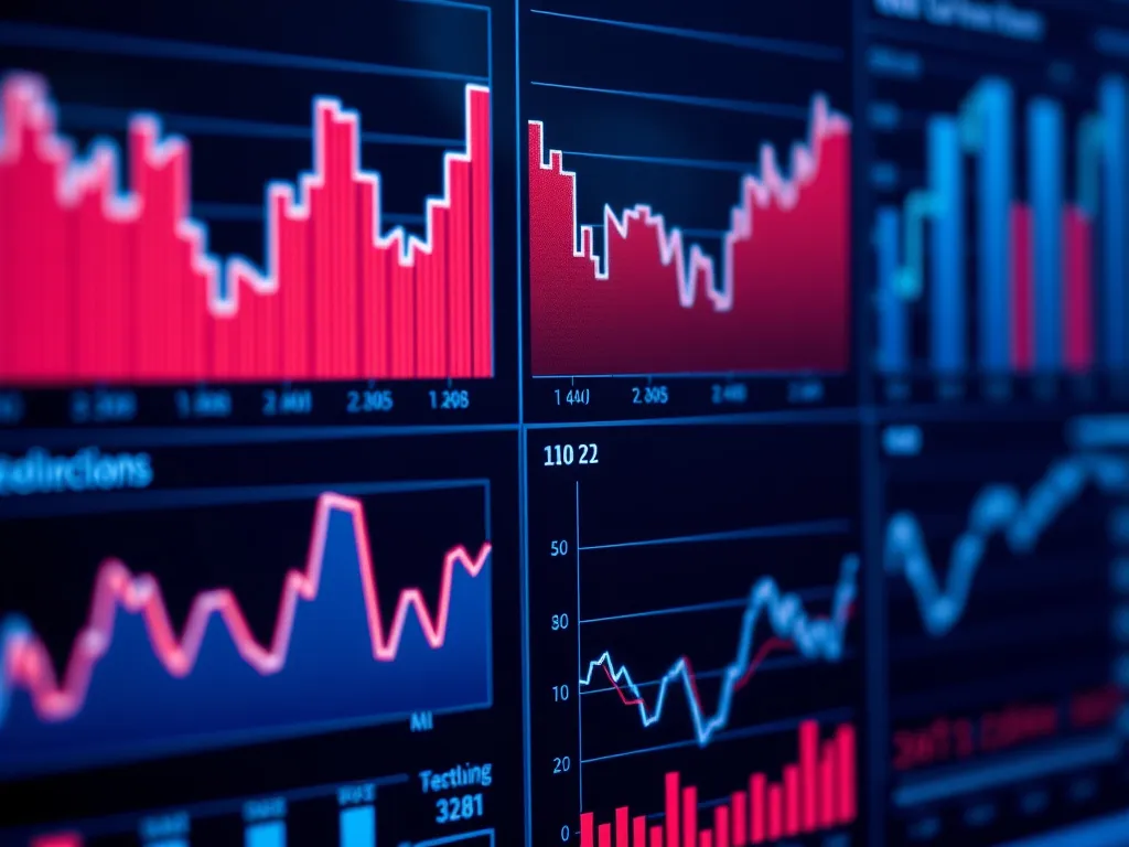 Close-up of financial graphs and charts with company performance metrics, professional style, screen data visualization