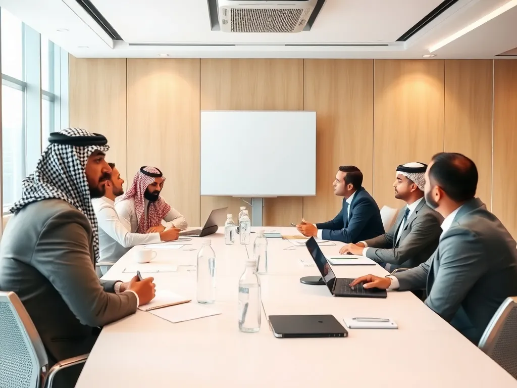 Executive training workshop, business leaders learning and discussing, modern conference room, Saudi Arabia