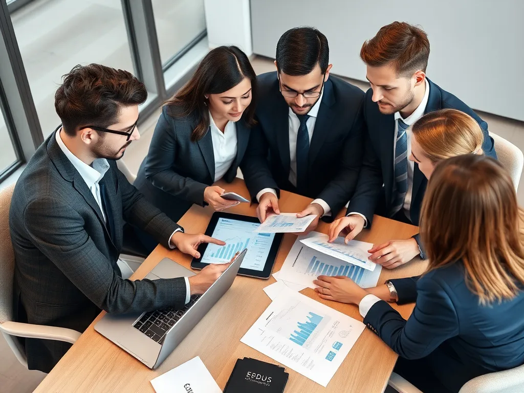 Business meeting discussing digital financial strategy, professionals analyzing digital reports on tablets and laptops, photorealistic, high quality, collaborative environment
