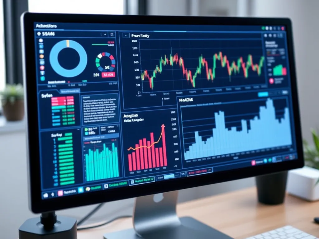 AI driven financial data analysis with graphs and charts on a computer screen, photorealistic, high quality, business intelligence visualization