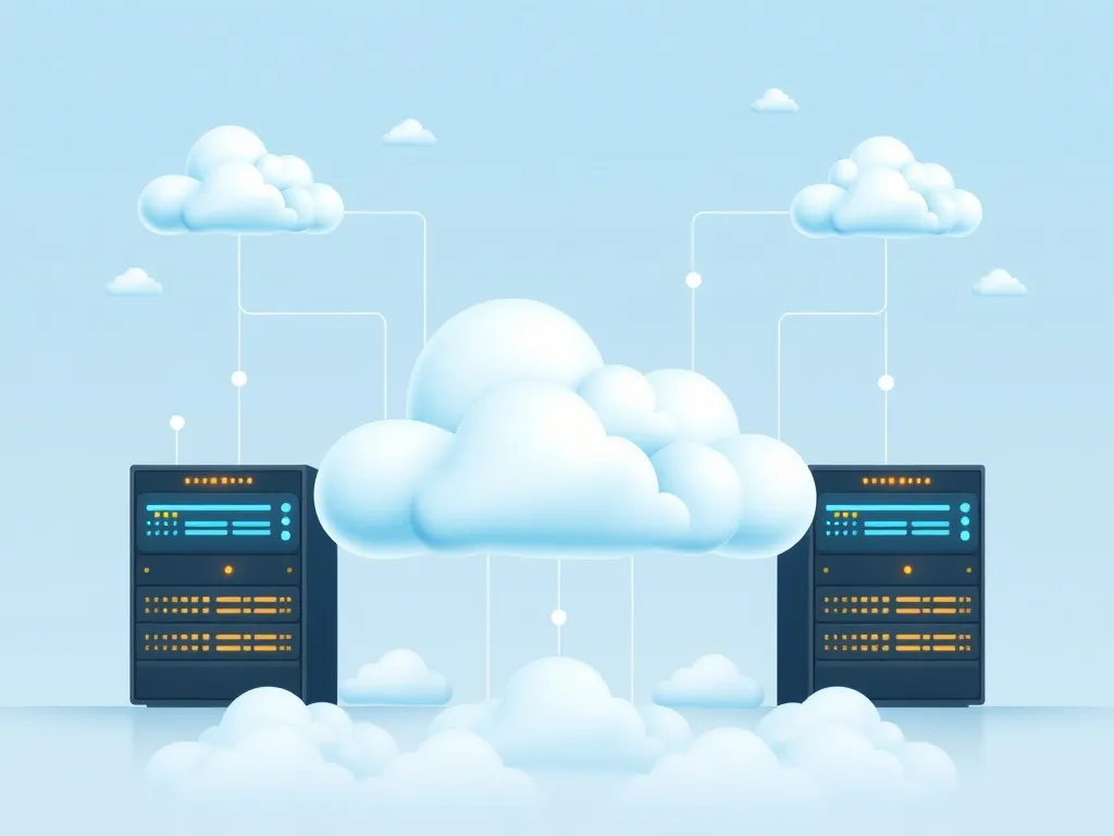 Illustration of cloud computing for financial data management, secure cloud servers with data nodes and hybrid architecture, photorealistic, high quality
