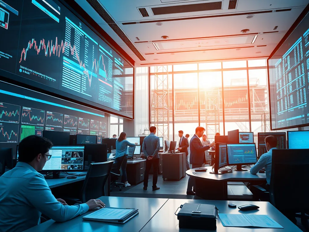 Depiction of a large-scale AI implementation in a financial institution, with analysts working on data screens, energetic collaboration scene