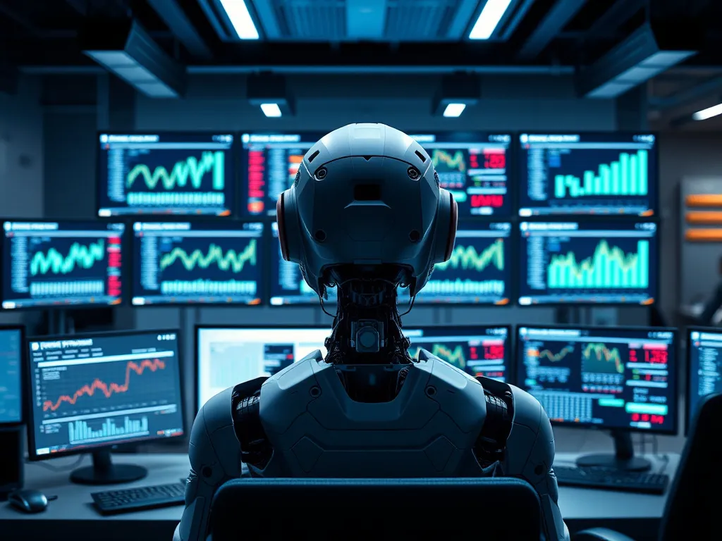 AI system overseeing financial transactions on multiple monitors, futuristic office setup with advanced analytics dashboards, high quality, detailed