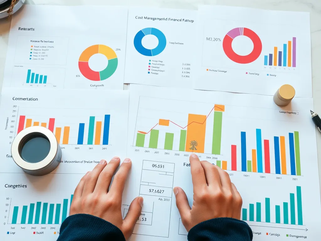 Image capturing cost management and financial strategy planning, showing charts with budget optimization and growth metrics, professional photography style