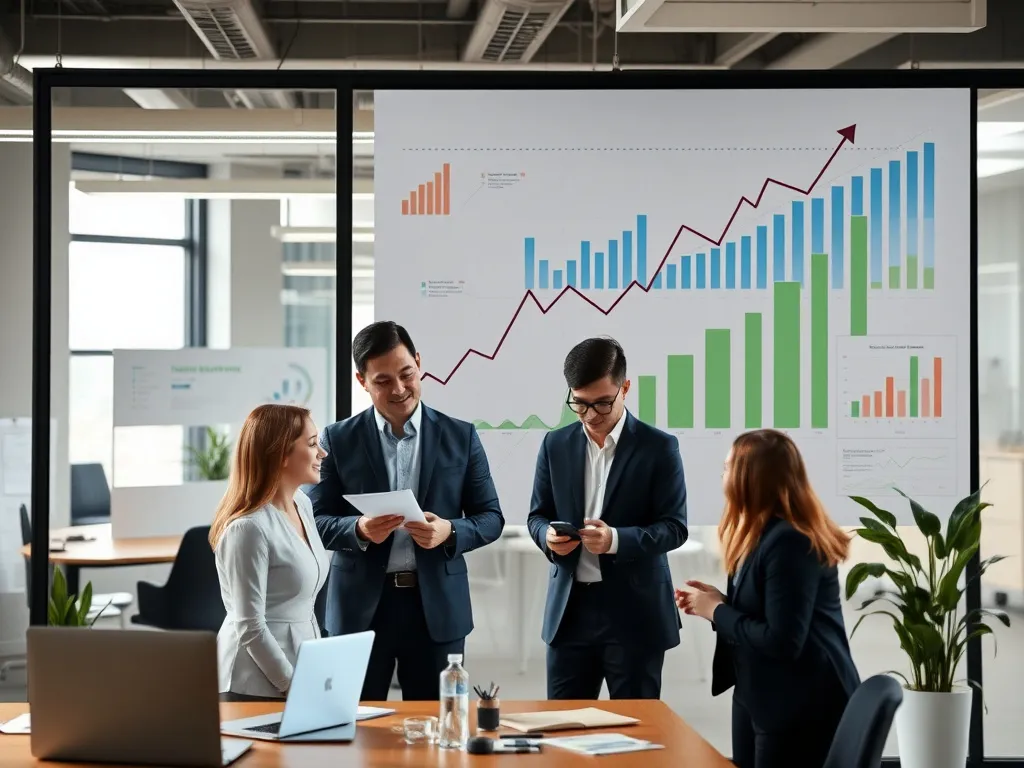 Successful business transformation with financial planning and growth, featuring professionals in a modern office setting, dynamic charts, and collaboration, high-quality photography