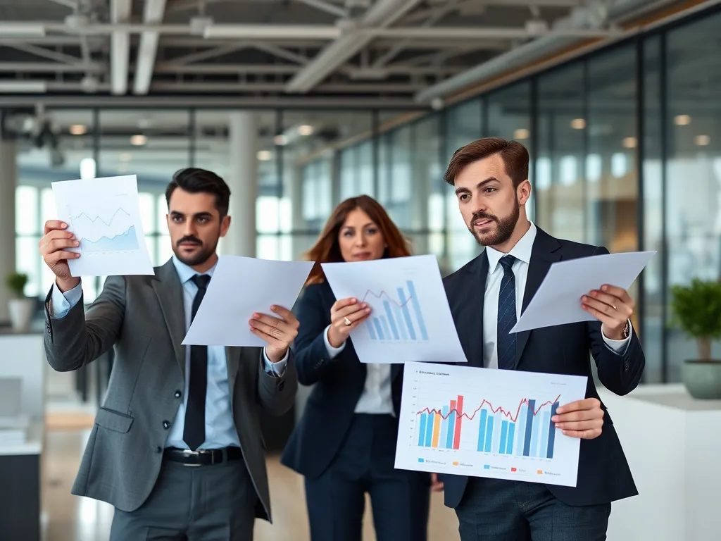 Business professionals conducting market studies; graphs, charts, and trend analysis in a modern business setting, high quality, dynamic