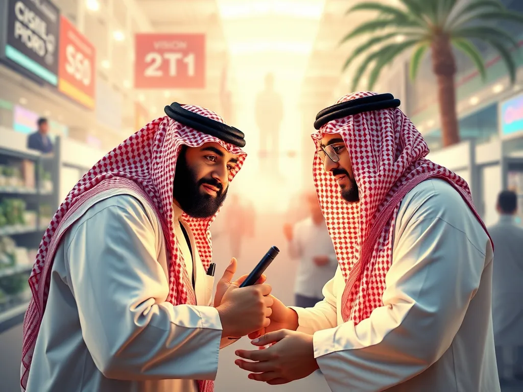 Empowered Saudi SMEs in a vibrant economy, visually linked to Vision 2030, depicting growth and contribution, photorealistic, high quality