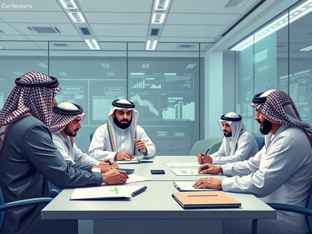 Saudi organizations engaging in foresight activities; office setting with teams analyzing data and trends, depicting readiness levels, detailed and realistic