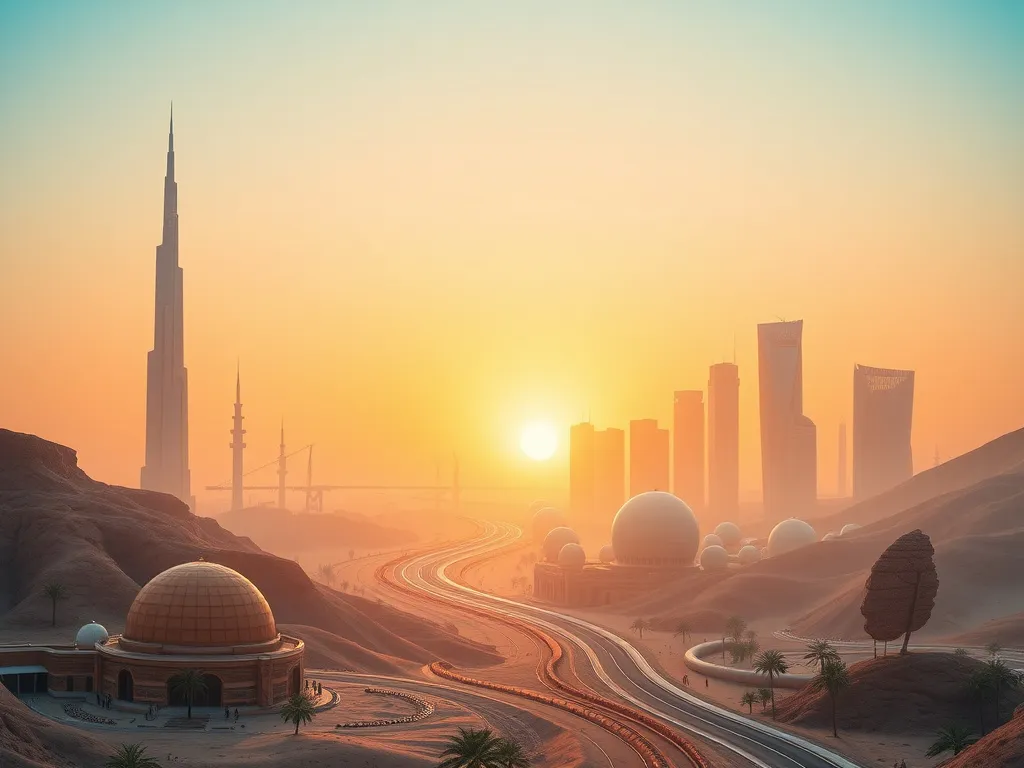 Saudi SMEs navigating economic shifts; futuristic landscape representing growth and alignment with Vision 2030, professional photography, clear composition, vibrant colors