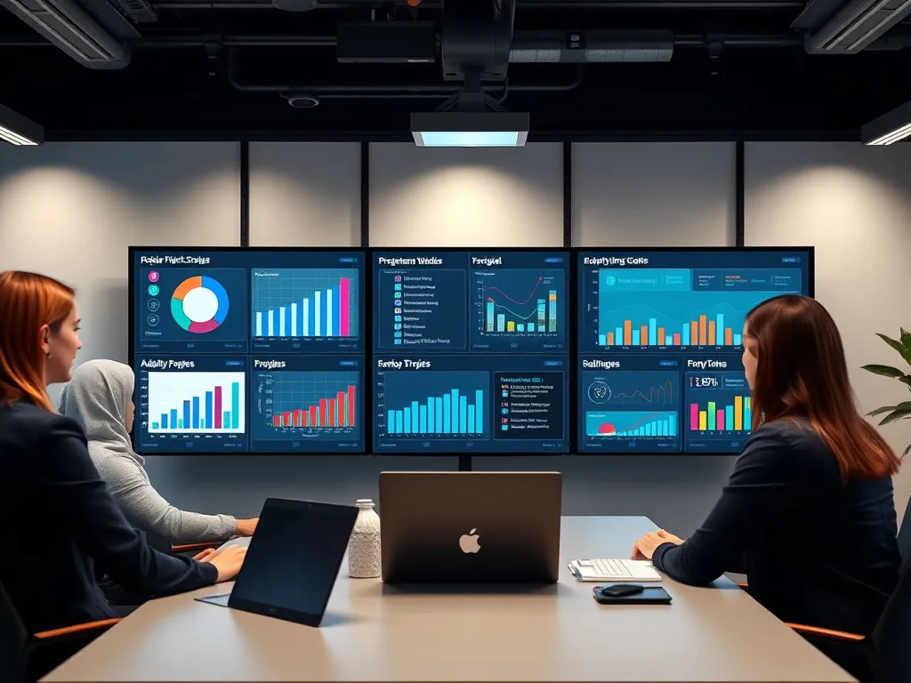 Team meeting with digital dashboards indicating project progress, showing tracking and adapting strategies, photorealistic, contemporary office environment