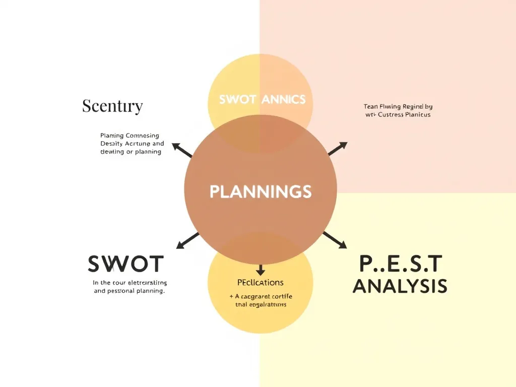 Visual representation of strategic tools like Scenario Planning, SWOT Analysis, and P.E.S.T. Analysis being used by business professionals, clear, organized, high resolution