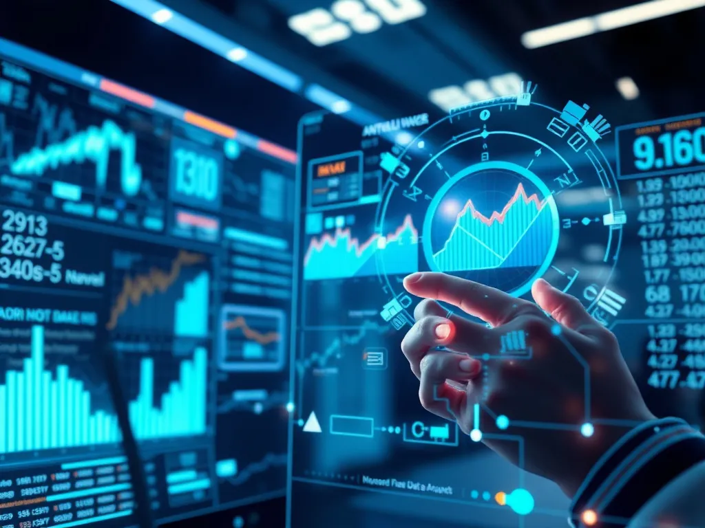 Advanced data analysis and automation in a business environment, showing AI processing large volumes of financial data, futuristic, photorealistic, professional lighting