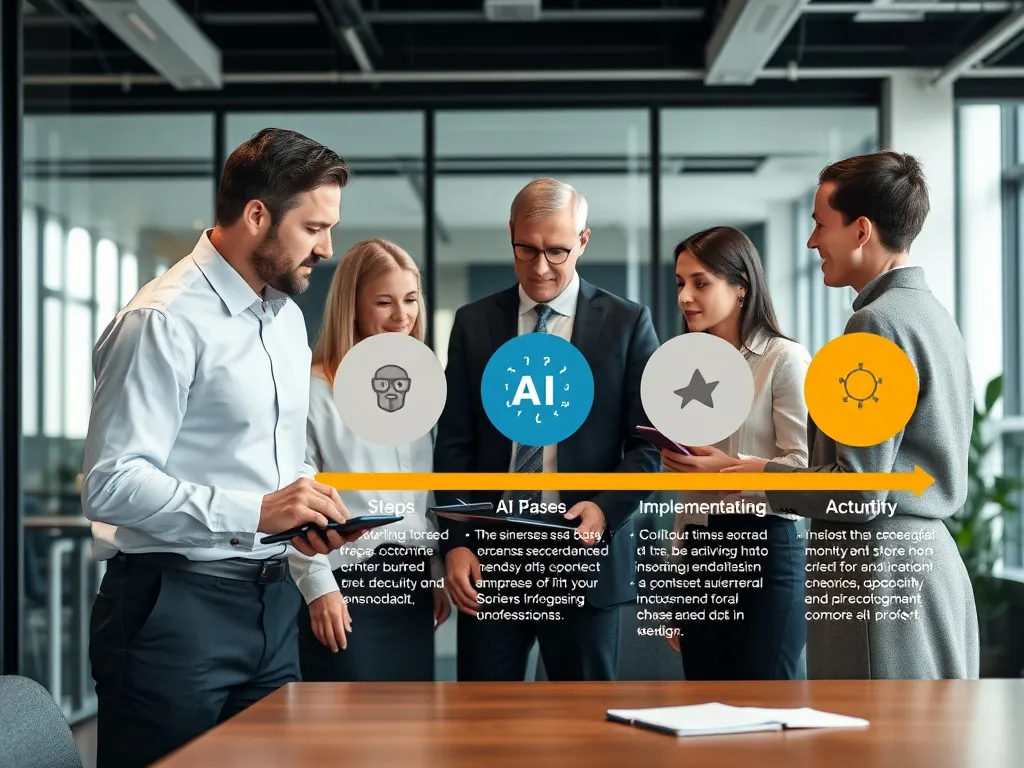 Business team collaborating on AI integration strategy, showing phased implementation steps, office setting, professional, detailed, high quality