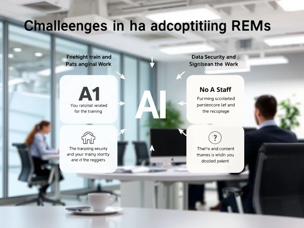 Challenges in adopting AI for SMEs, depicting issues like staff training or data security concerns, office environment, professional, realistic, modern