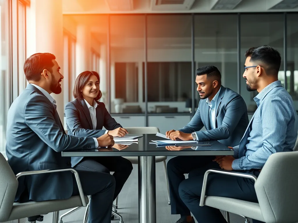 Professional business meeting in a modern office, executives aligning strategies, discussing compliance integration under Vision 2030, high quality, natural lighting, business attire