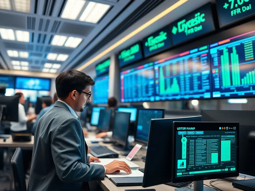 Efficient financial operations within a bank, employees managing data, utilizing advanced cybersecurity measures, digital screens and modern technology in use, high quality