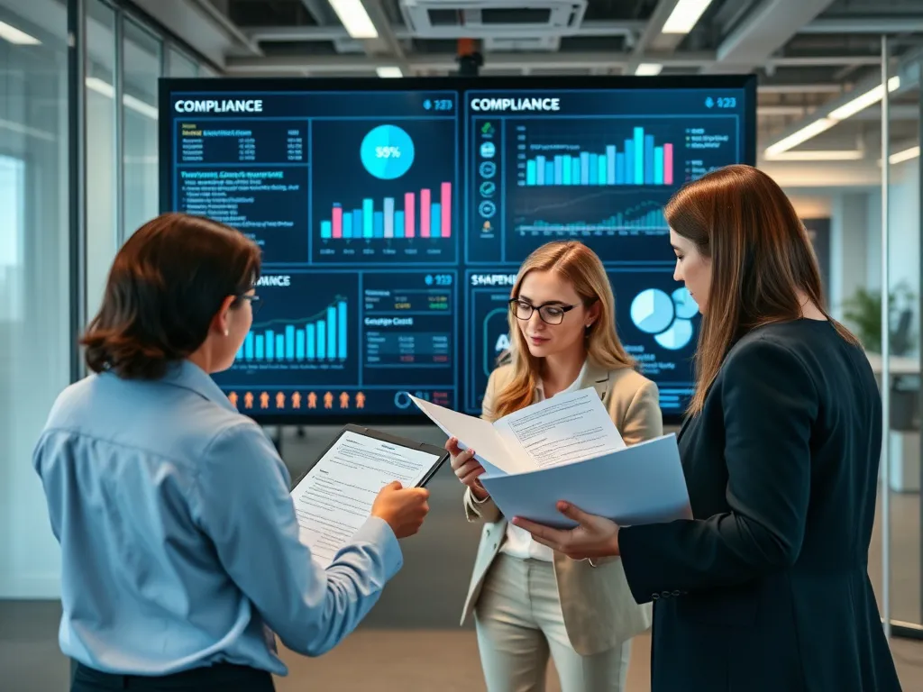 Professionals reviewing compliance documents in a corporate setting, digital compliance dashboards, teamwork, and strategic discussion visible in an office