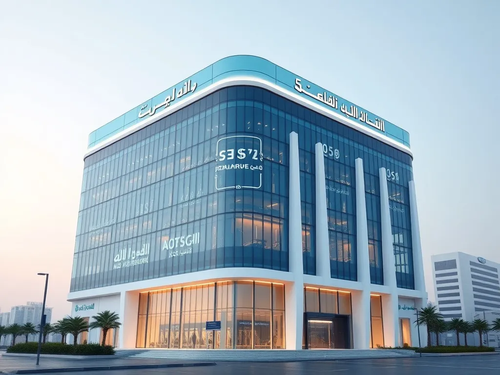 Modern Saudi financial institution with advanced compliance systems, futuristic and thematic representation, high-rise building with state-of-the-art facilities