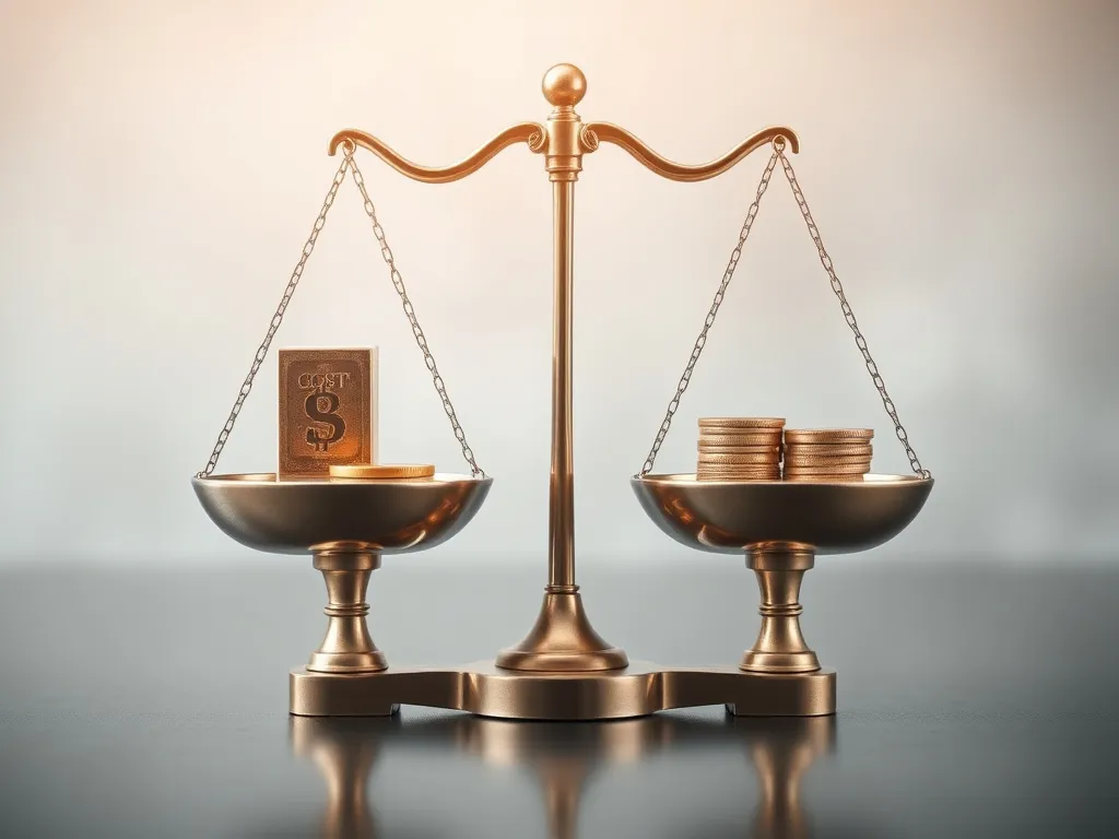 Symbolic image of balancing scales representing cost versus benefit, integrating technology and compliance in financial settings, photorealistic, detailed