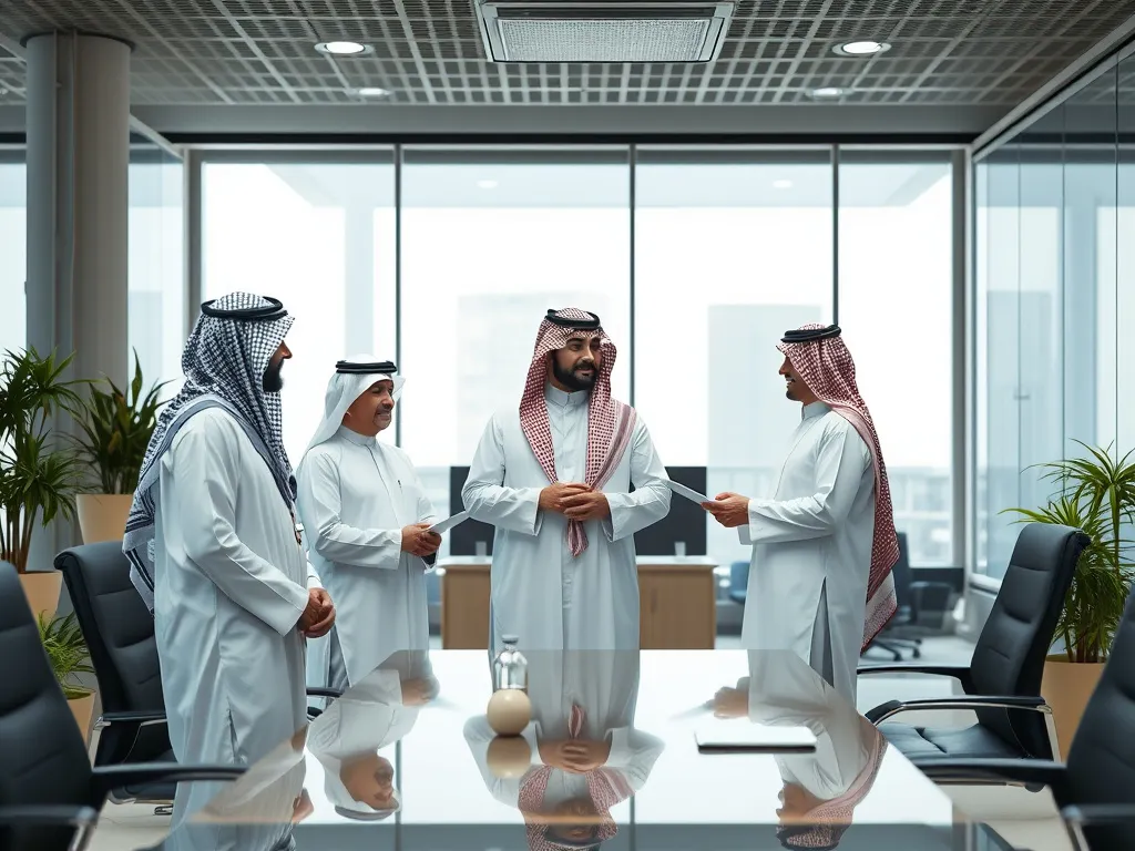 Traditional Saudi elements in a modern business office, professionals in traditional dress engaging in compliance discussions, cultural integration, high quality